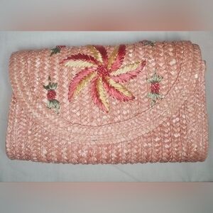 Peach Raffia Straw Embroidered Floral Clutch NWT 11 x 7.5"